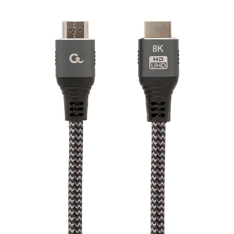 Cabo HDMI preto e cinza com texto 8K e HD UHD nos conectores