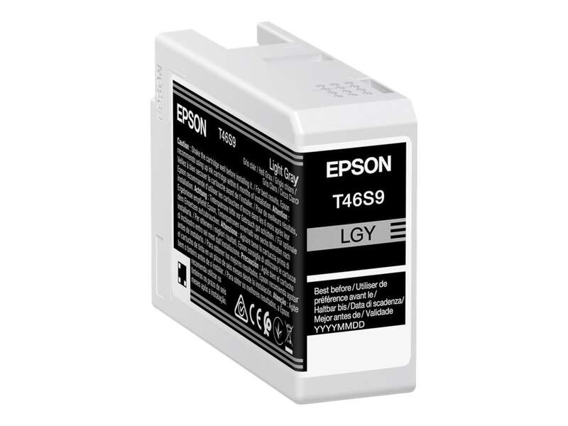 Cartucho de tinta Epson T46S9 Light Gray com etiqueta preta e branca
