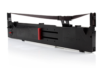 Fita de impressora preta com detalhes vermelhos em fundo branco