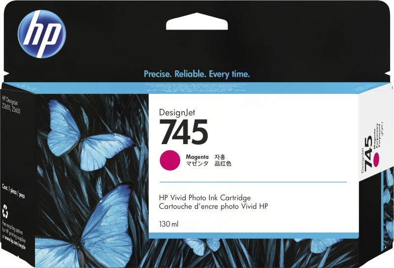 Embalagem de tinta para impressora HP DesignJet 745 cor Magenta 130 ml com borboletas azuis