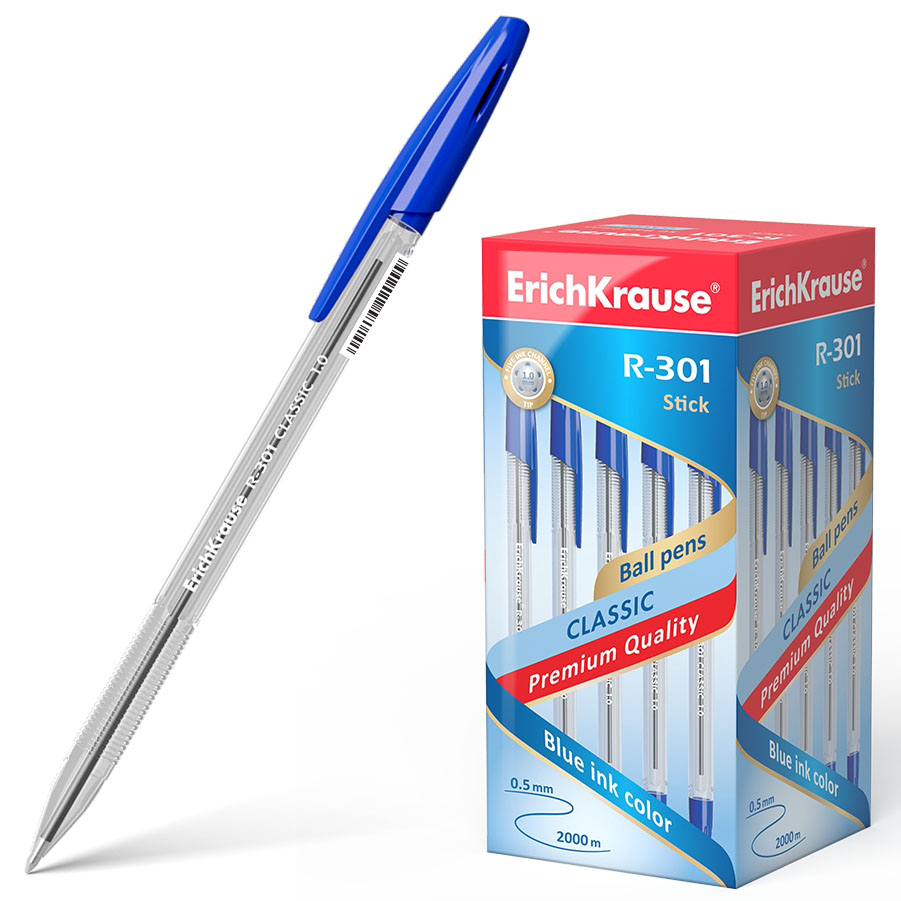 Esferográfica azul ErichKrause R-301 com embalagem colorida ao lado