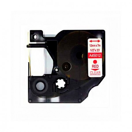 Rolo de etiqueta preta com fita vermelha translúcida e etiqueta com informações dimensionais