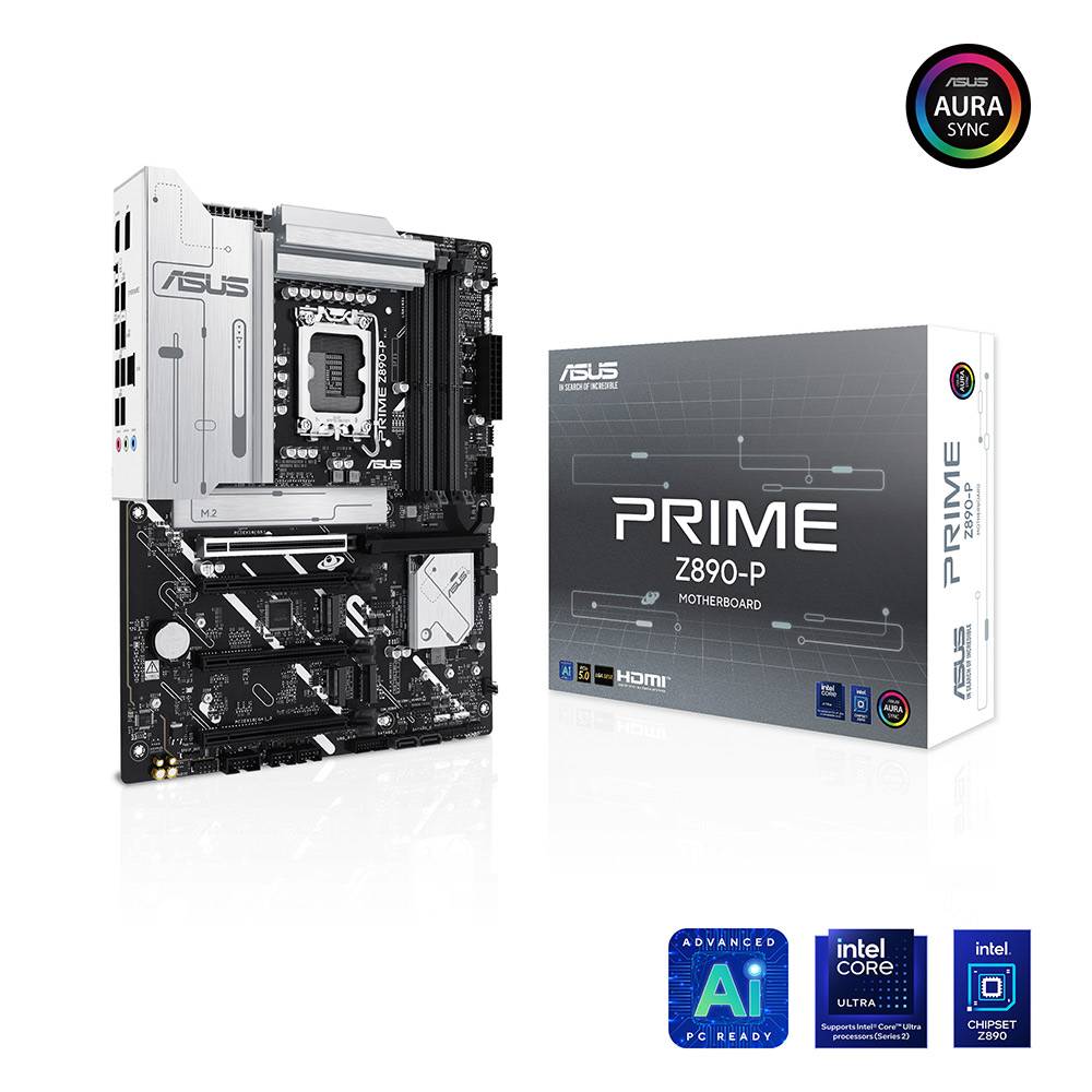 Placa-mãe ASUS PRIME Z890-P com caixa e logotipos relacionados.