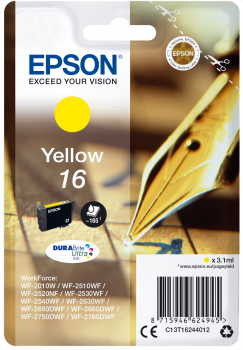 Cartucho de tinta Epson amarelo 16 em embalagem com imagem de caneta dourada