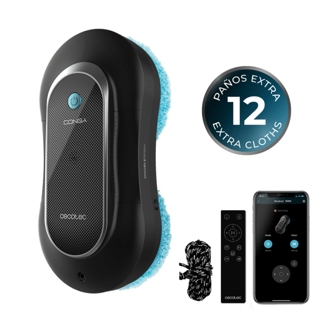 Robô limpa-vidros preto com panos azuis, comando remoto, cabo e telemóvel com app