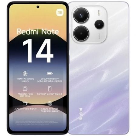 Smartphone Redmi Note 14 branco com textura lilás, visto de frente e de trás