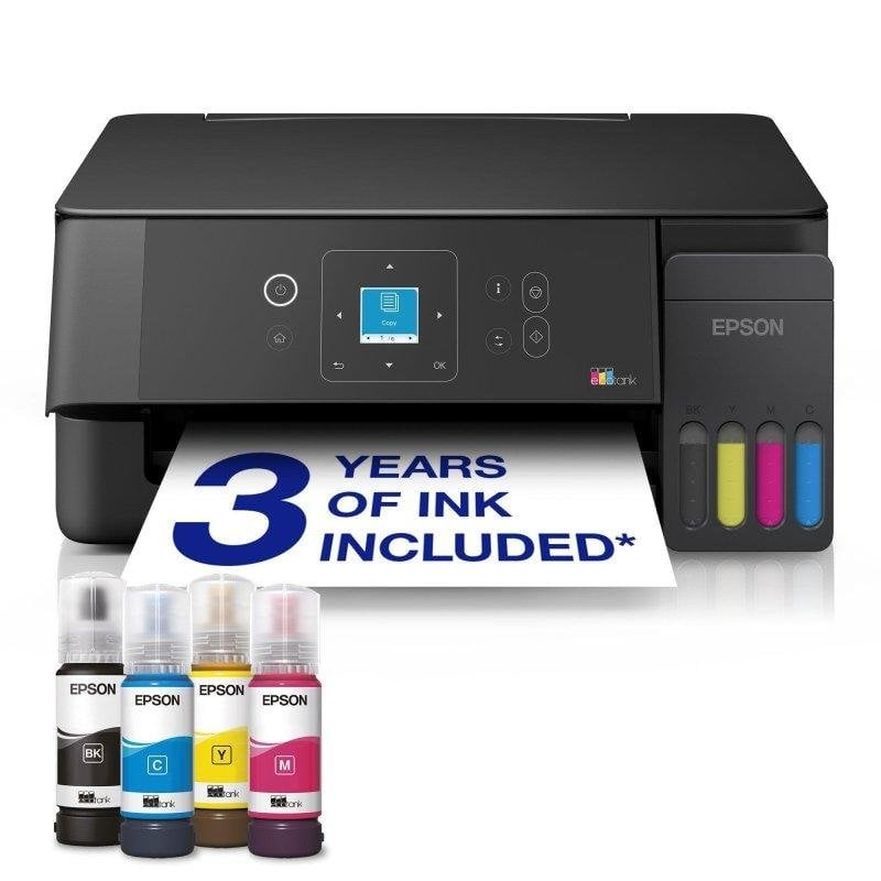 Impressora Epson preta com visor digital e tanque de tinta visível