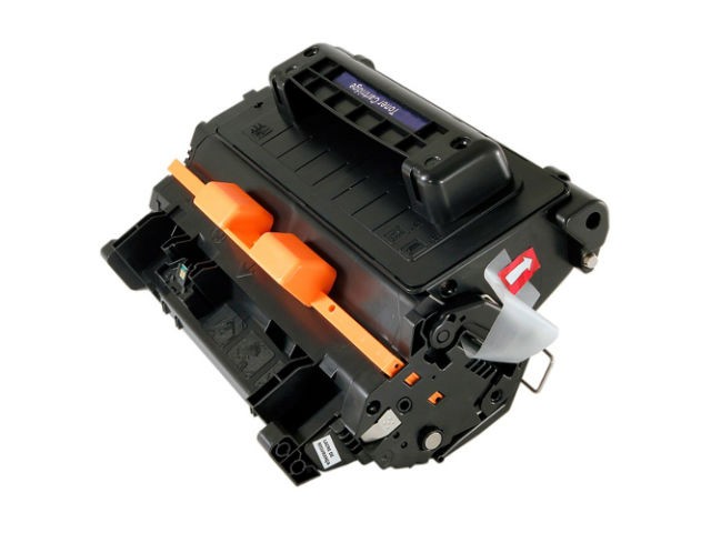 Cartucho de toner preto para impressora com pega preta e detalhes em laranja
