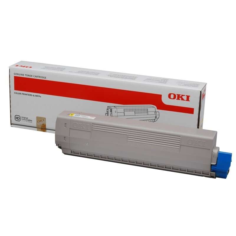 Cartucho de toner OKI com embalagem branca e detalhes vermelhos