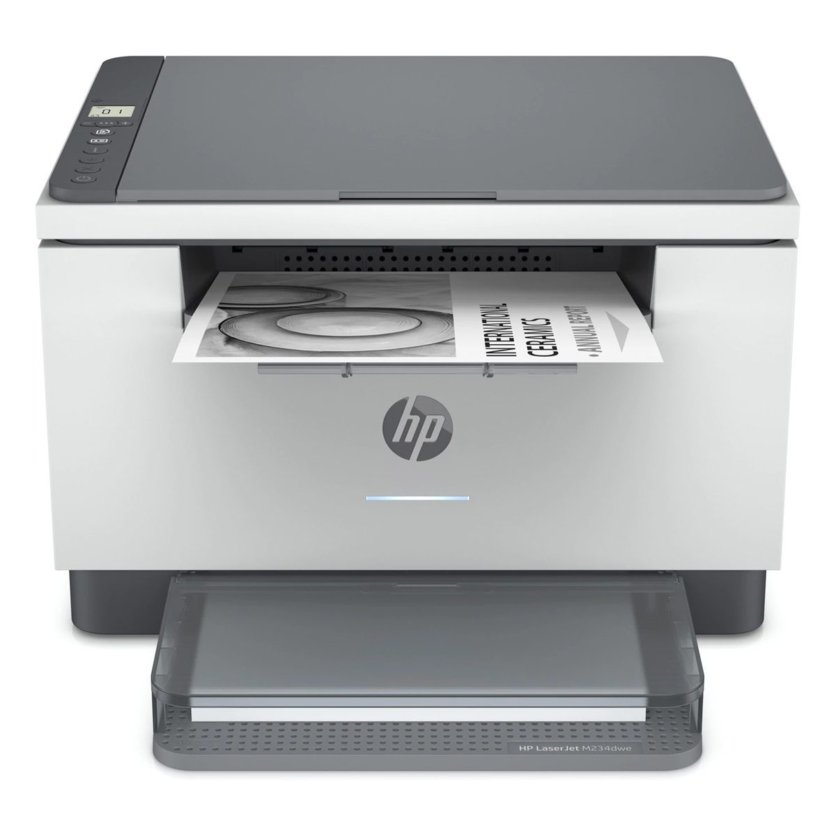 Impressora HP LaserJet M234dwe branca e cinza a imprimir folha com texto INTERNATIONAL CERAMICS