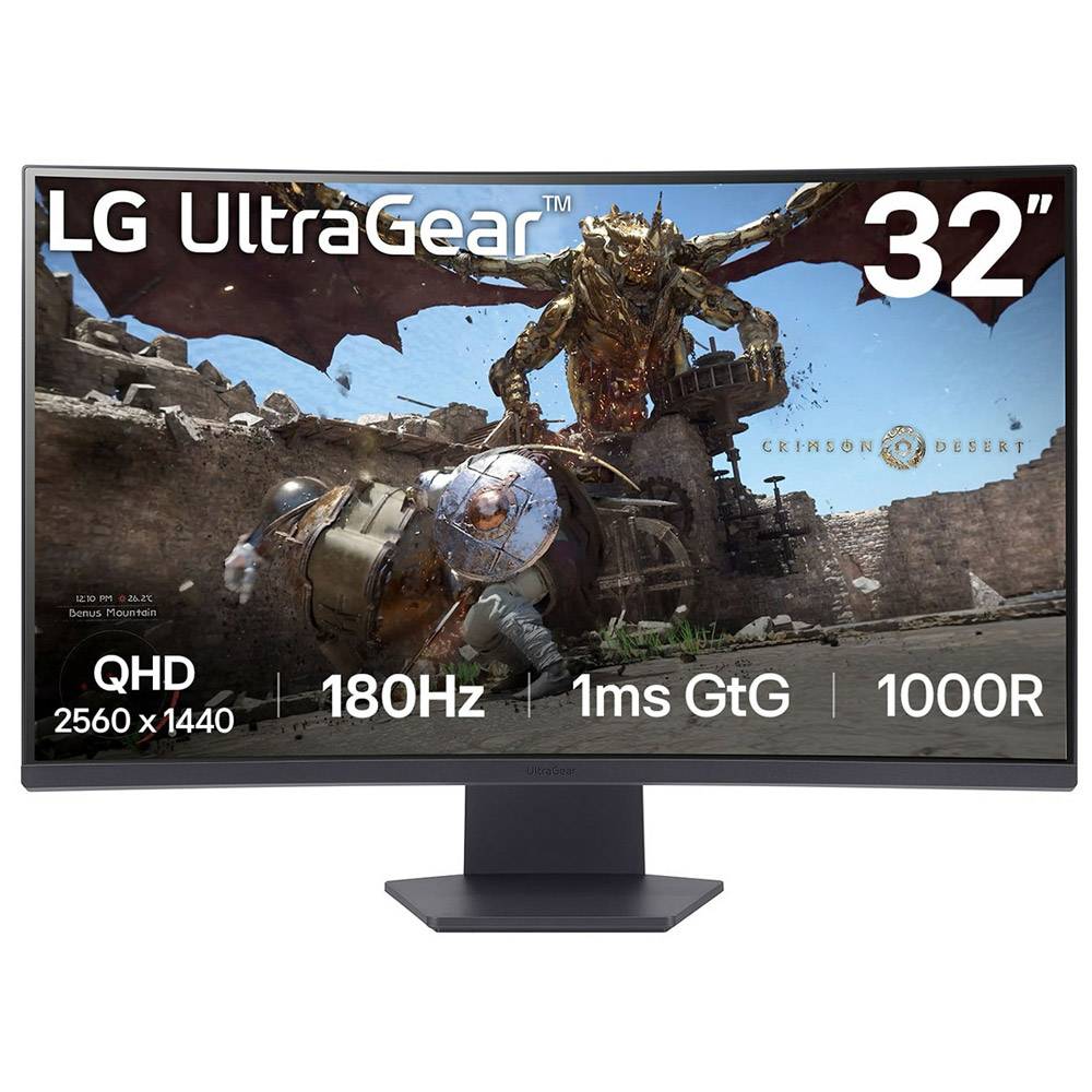 Monitor curvo LG UltraGear 32 polegadas mostrando jogo Crimson Desert