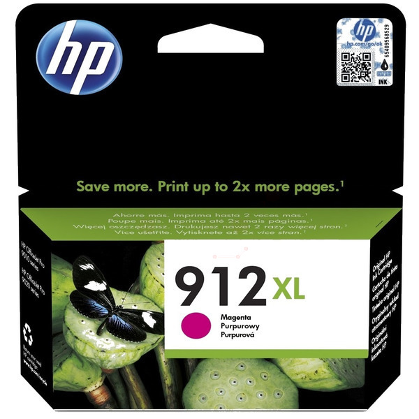 Embalagem de tinta HP 912 XL Magenta com borboleta e plantas verdes