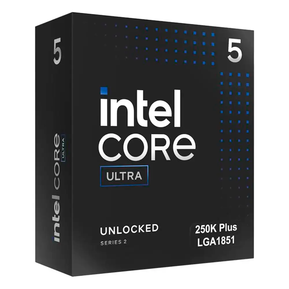 Embalagem preta de processador Intel Core Ultra com textos brancos e azuis