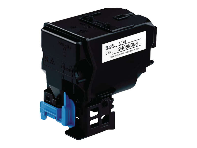 Cartucho de toner preto com componente azul e etiqueta modelo AOX5.