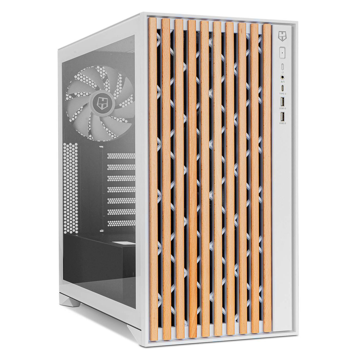 Caixa de computador branca com vidro temperado e ripas de madeira na frente