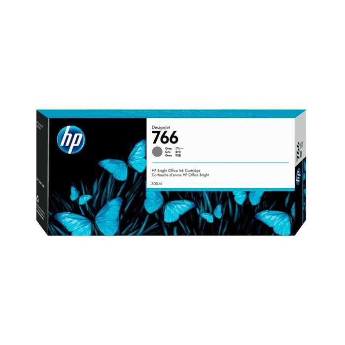 Caixa de tinteiro HP DesignJet 766 cinza com imagem de borboletas azuis