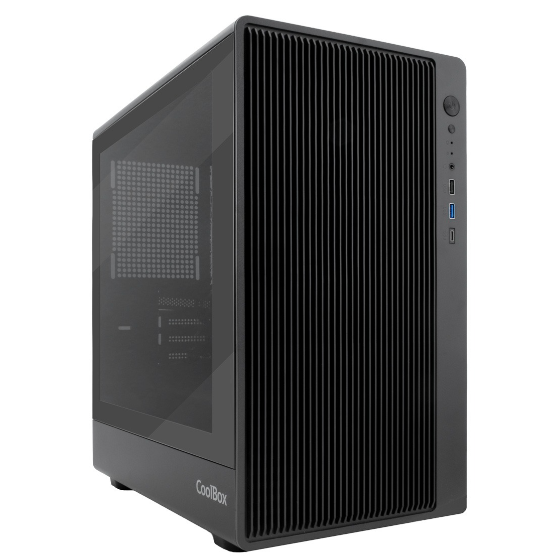 Computador torre preto CoolBox com painel lateral em vidro e grelha frontal