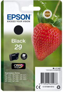 Embalagem de tinteiro Epson preto 29 com imagem de morango.