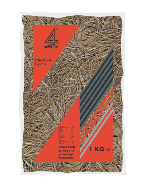 Pacote de elásticos 4office com rótulo vermelho e cinzento, e elásticos castanhos à vista.