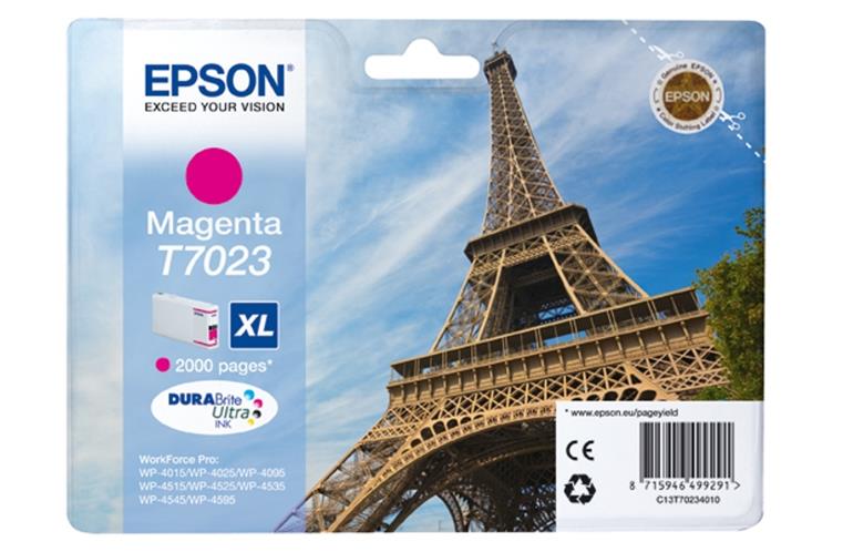 Embalagem de tinteiro Epson magenta T7023 XL com imagem da Torre Eiffel