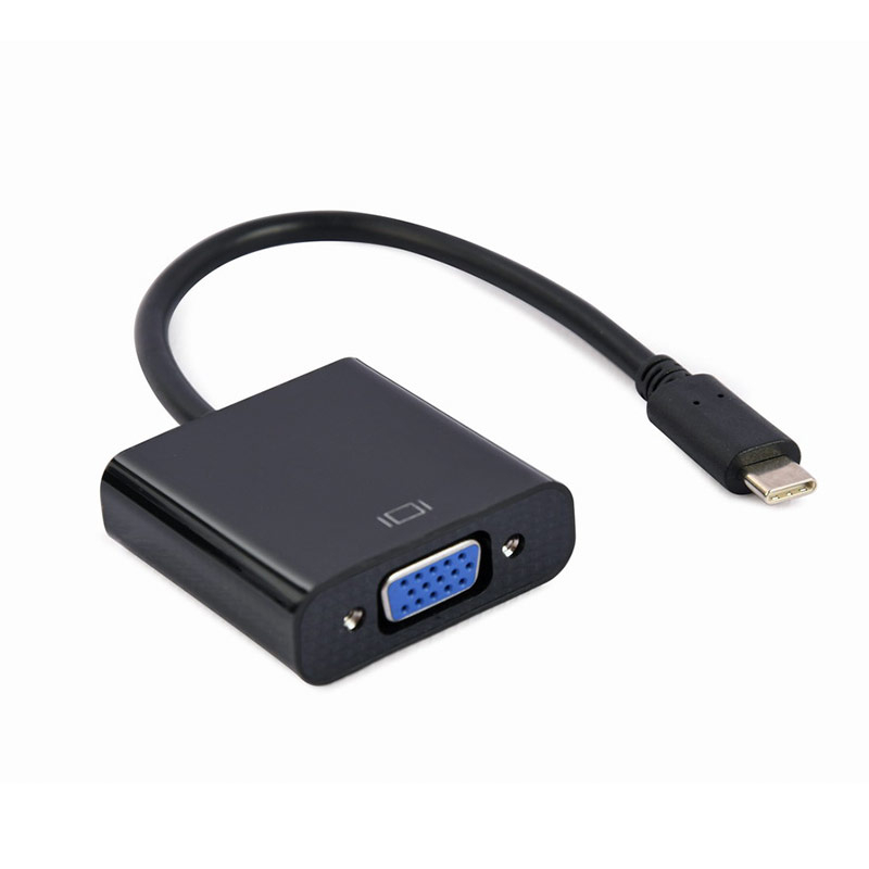 Cabo adaptador USB-C para VGA preto com conector VGA azul