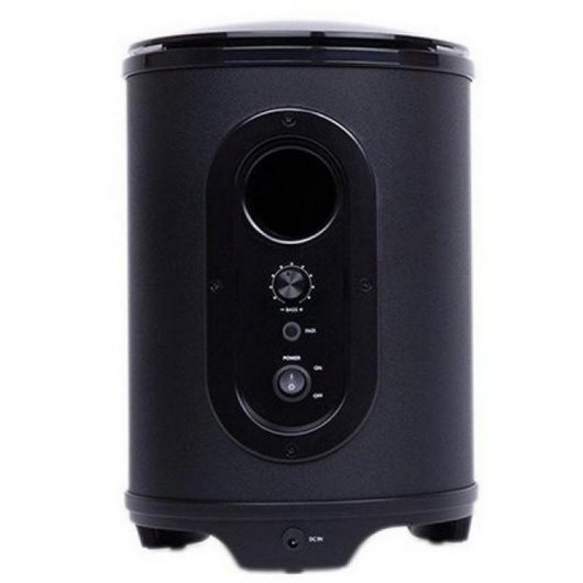 Subwoofer preto cilíndrico com painel frontal e botões de controlo