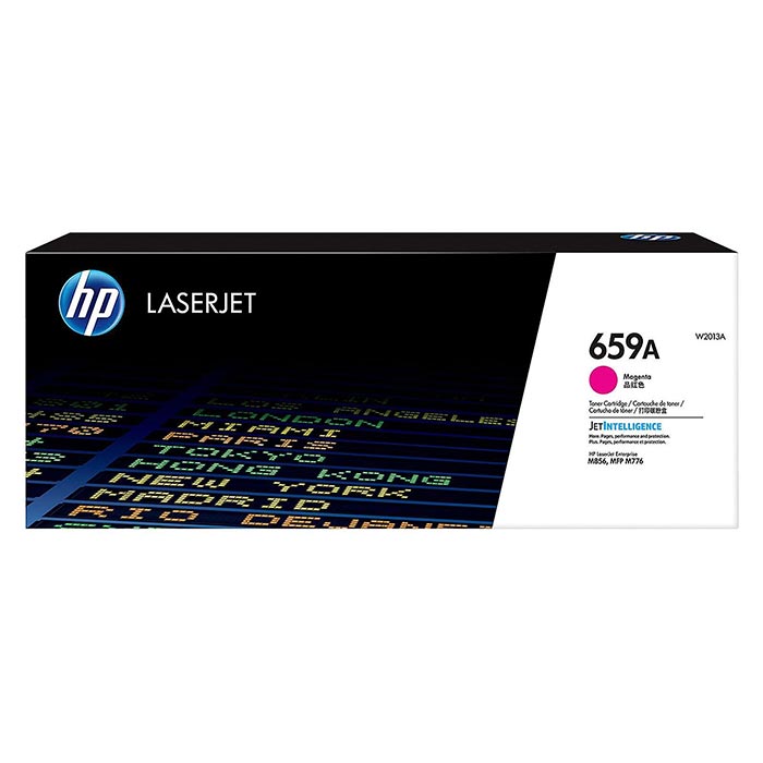 Embalagem de toner HP LaserJet 659A magenta com design digital colorido