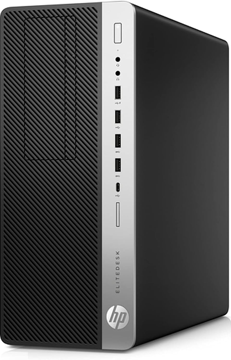 Computador de secretária HP EliteDesk preto com painel frontal cinza e portas USB