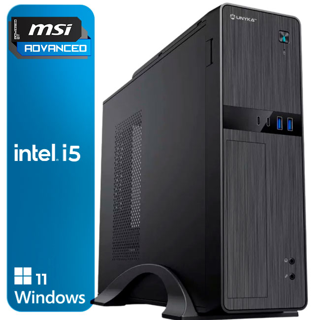 Computador de secretária UNYKA preto com portas USB e selo MSI Intel i5 Windows 11