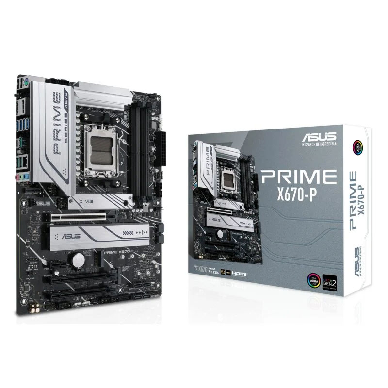 Placa-mãe ASUS PRIME X670-P com caixa ao lado em fundo branco