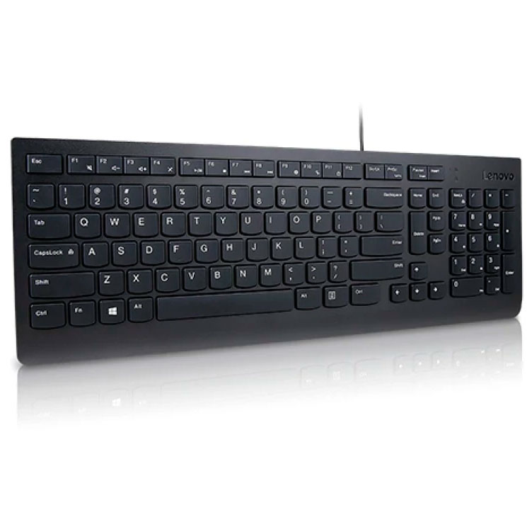 Teclado Lenovo preto com fios e layout QWERTY.