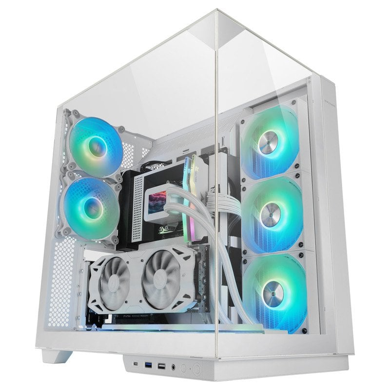 Computador desktop branco com painel de vidro e ventoinhas RGB