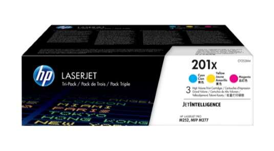 Embalagem de tinta HP LaserJet Tri-Pack 201X com três cartuchos coloridos