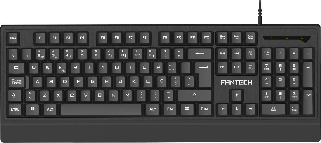 Teclado FANTECH preto com teclas brancas e teclado numérico.