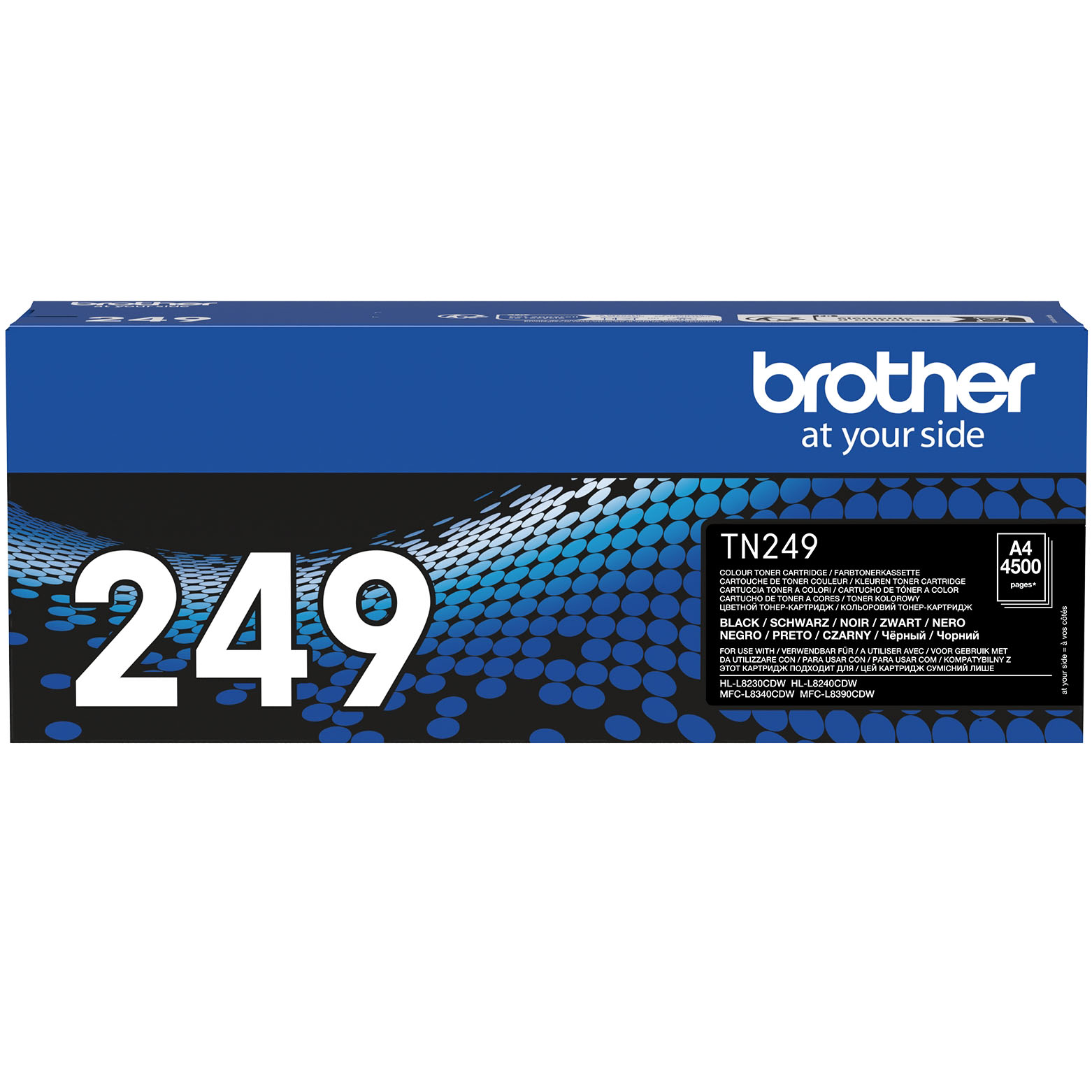 Embalagem de toner Brother TN249 azul e preta com padrão de pontos azuis e texto informativo