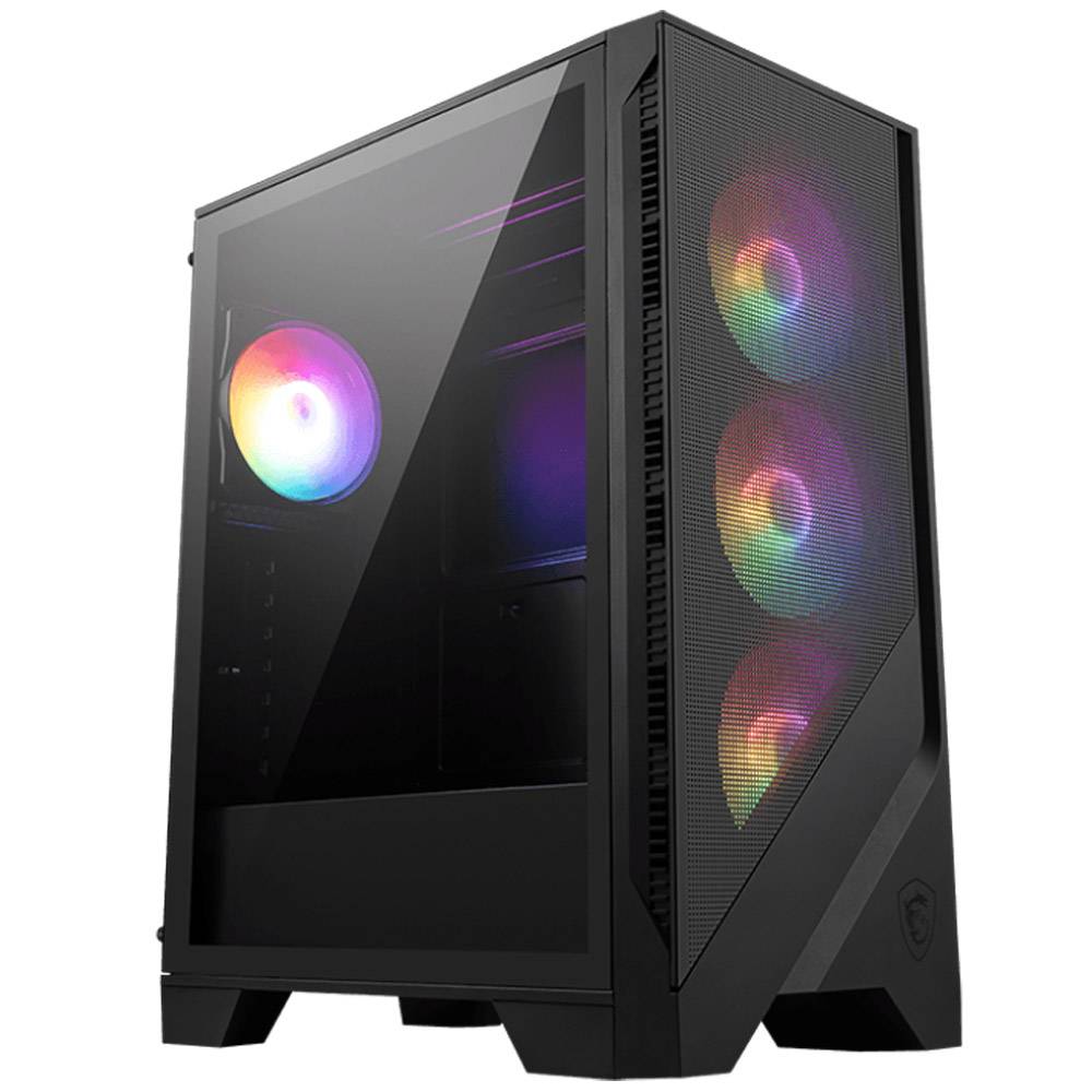 Caixa de computador preta com vidro temperado e ventiladores RGB coloridos