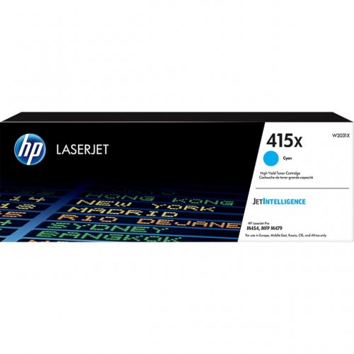 Cartucho de toner HP LaserJet 415X ciano em embalagem preta e branca