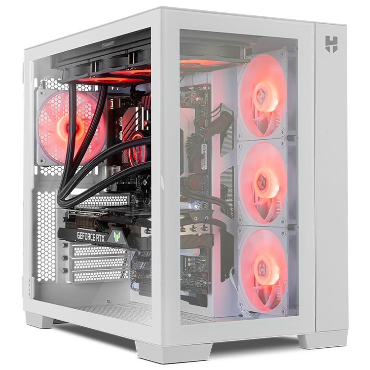 Computador branco com ventoinhas vermelhas e placa gráfica GeForce RTX