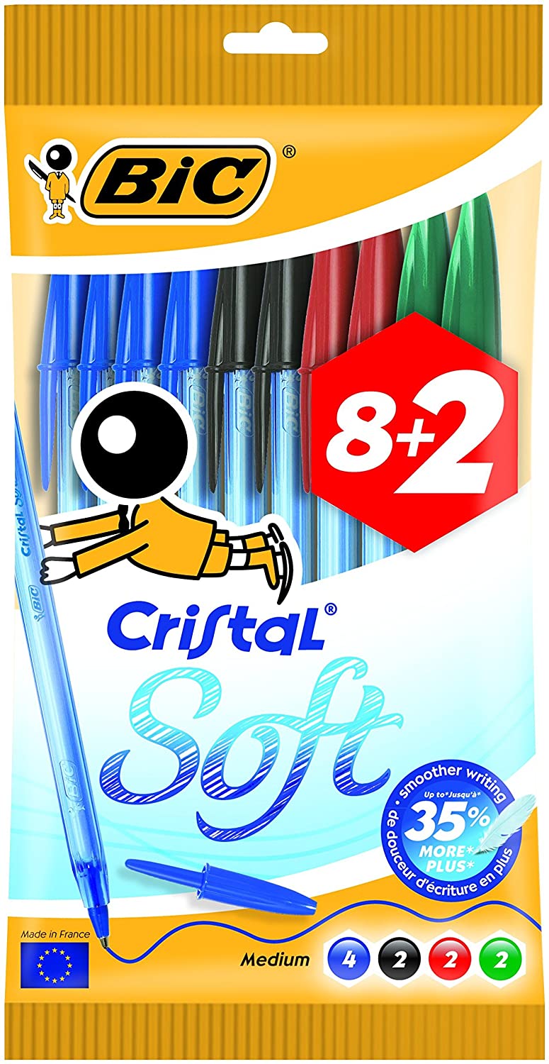 Pacote de 10 esferográficas BIC Cristal Soft em várias cores