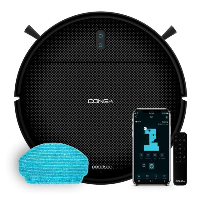 aspirador robot preto com esfregona azul, smartphone com app e comando remoto