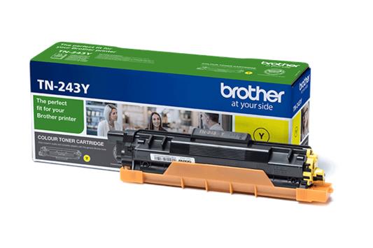Cartucho de toner amarelo Brother TN-243Y com caixa azul, verde e branco