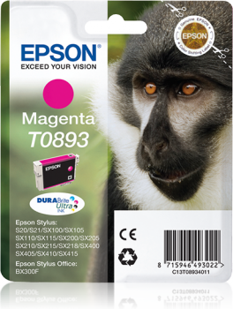 Embalagem de tinta Epson Magenta T0893 com imagem de macaco