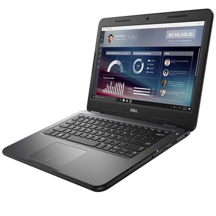 Computador portátil Dell preto com gráficos financeiros no ecrã