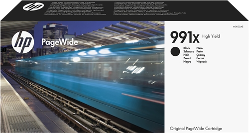 Embalagem de cartucho de tinta HP PageWide 991X High Yield preto com imagem de comboio azul