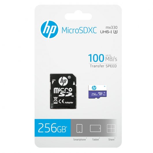 Cartão de memória HP MicroSDXC 256GB com adaptador na embalagem