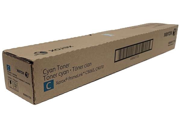 Embalagem de toner ciano da Xerox em caixa de cartão castanha
