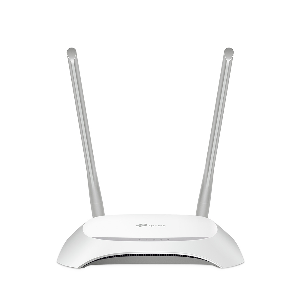 Roteador TP-Link branco com duas antenas verticais cinzentas e indicador LED frontal