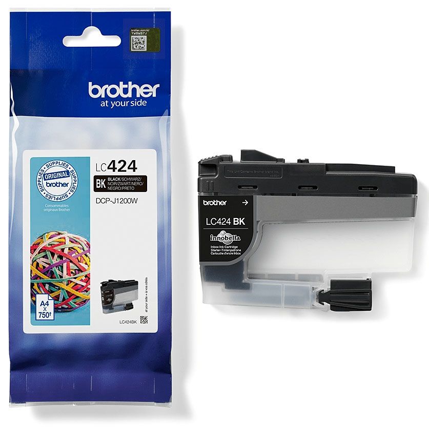 Cartucho de tinta Brother LC424 BK com embalagem azul e branca.