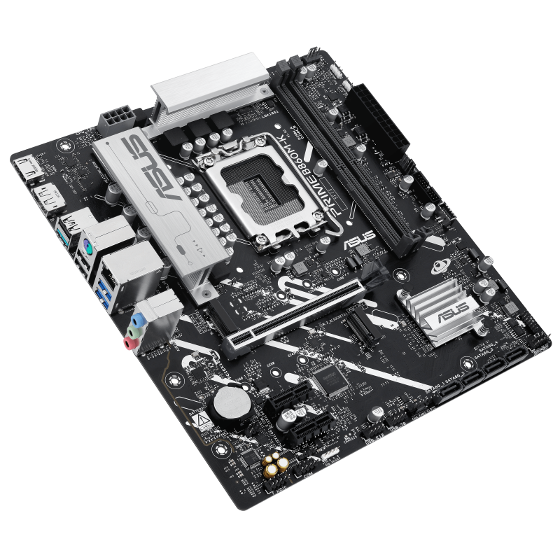 Placa-mãe ASUS PRIME B560M-K preta com dissipadores cinza e várias conexões