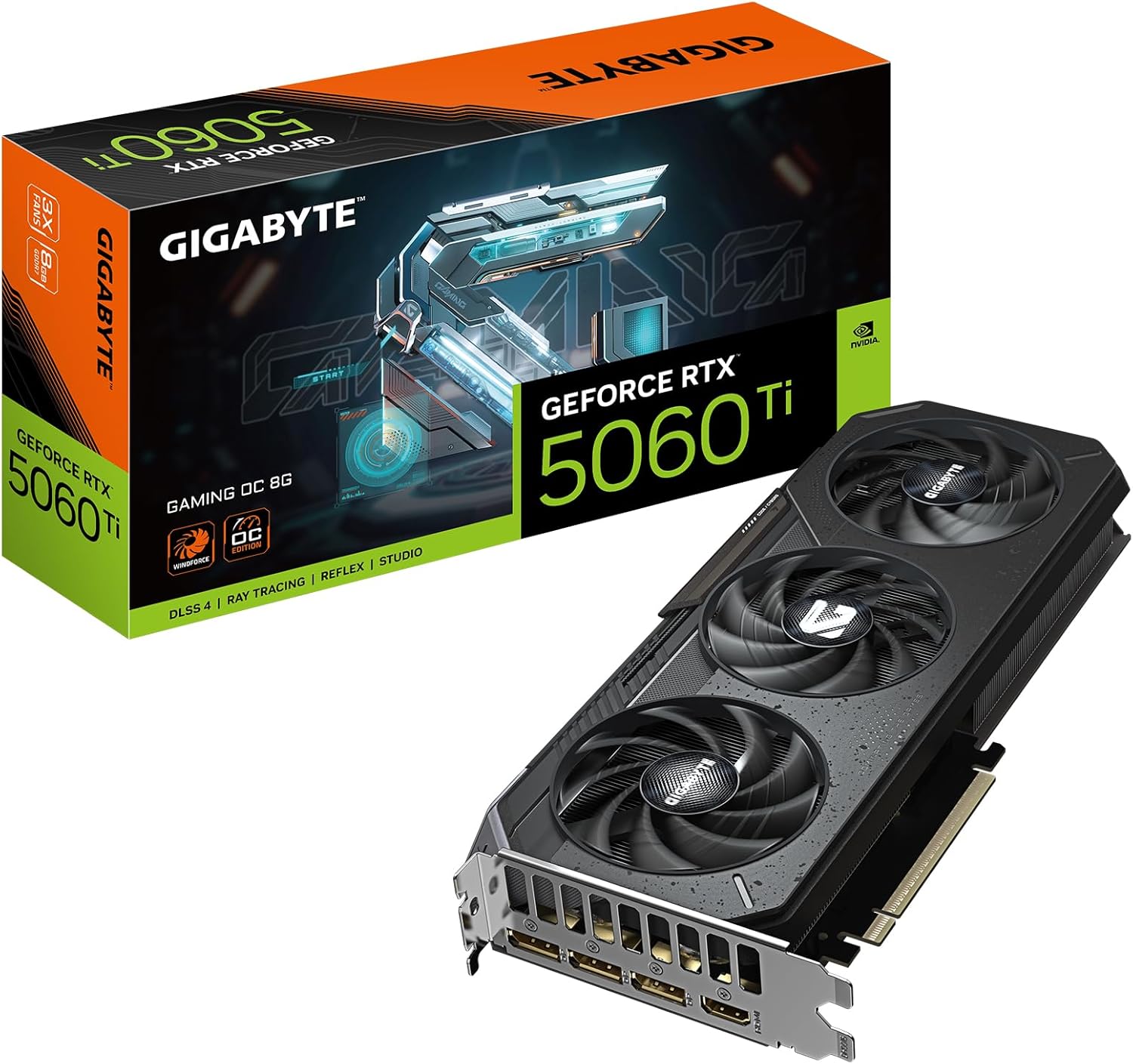 Placa gráfica Gigabyte GeForce RTX 5060 Ti Gaming OC 8G com três ventoinhas e embalagem colorida